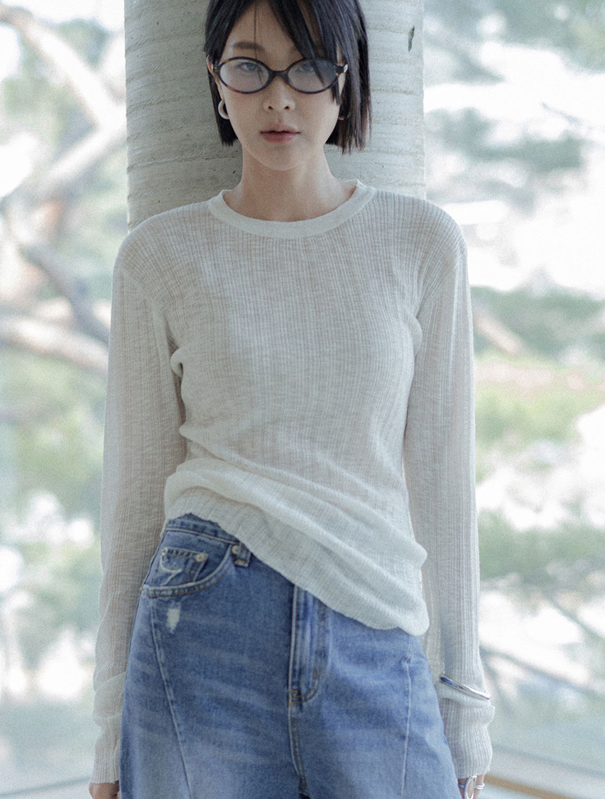 메무아(MEMUA) 텍스처 시스 라운드 니트(블루)