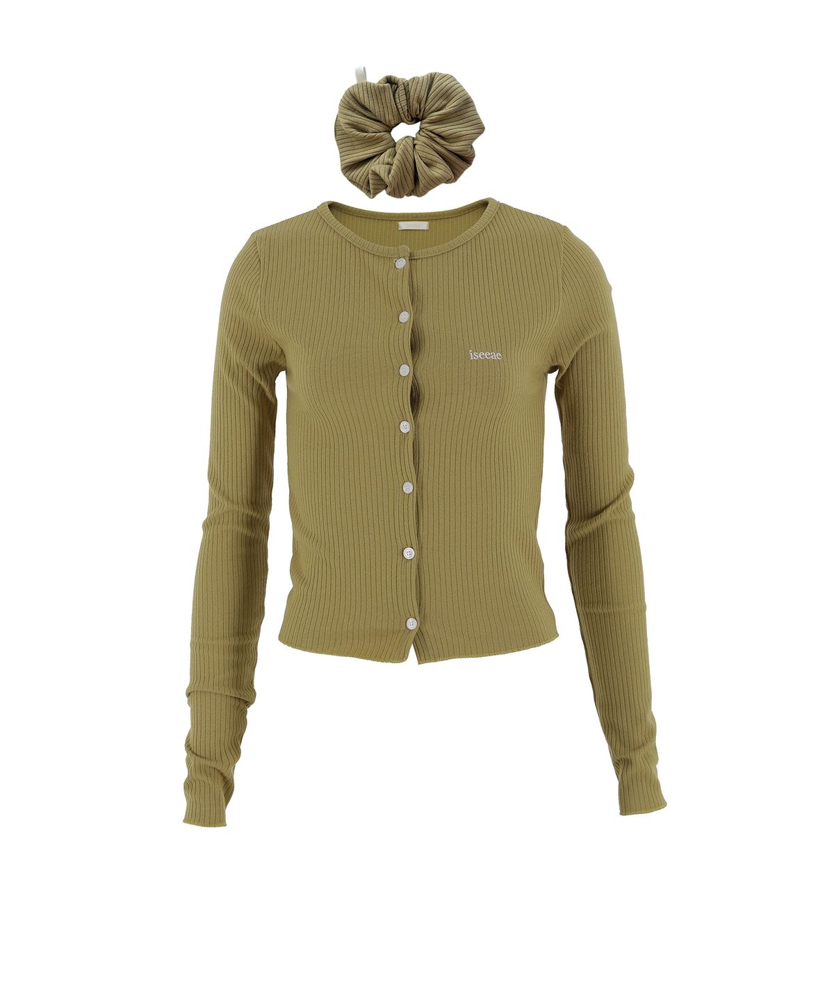 아이씨에(ISEEAE) First Love Cardigan (Mustard Green) + Scrunchie Set