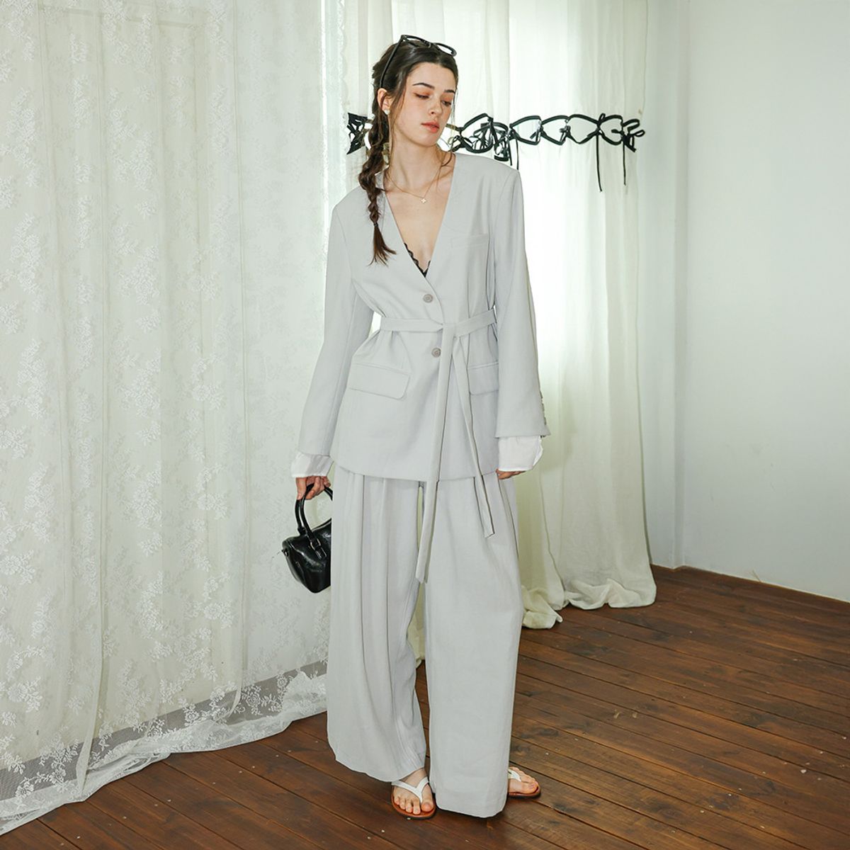 던드롭(DUNDROP) DD_Tailored jacket and wide leg pants set_LIGHT GRAY