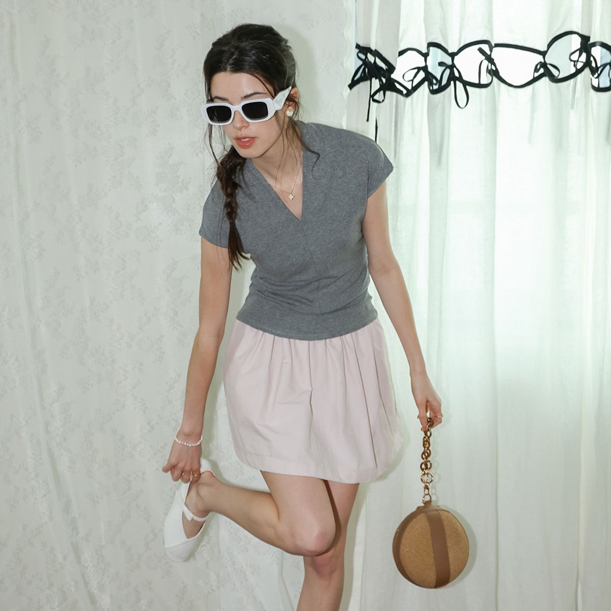 던드롭(DUNDROP) DD_Shirred waist mini skirt_PINK