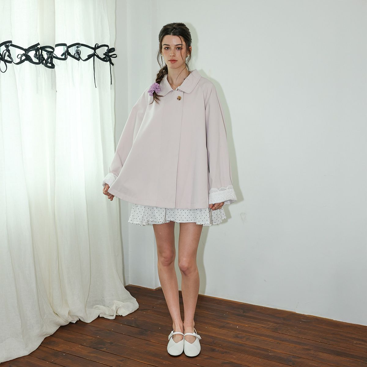 던드롭(DUNDROP) DD_Lace cuff a-line zipper jacket_PINK