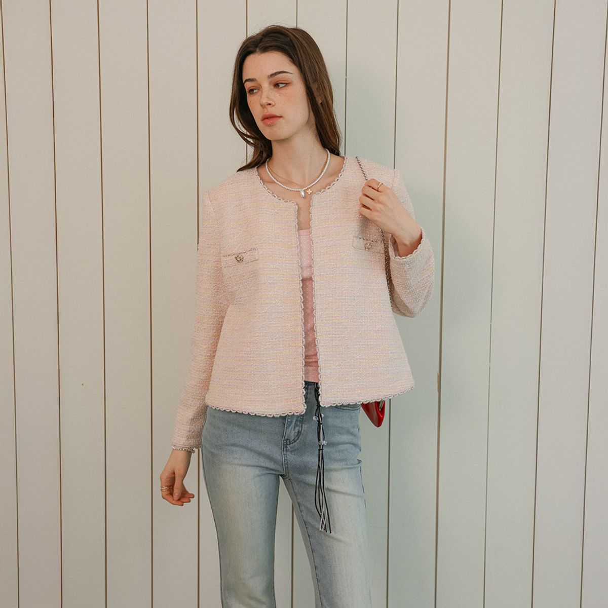 던드롭(DUNDROP) DD_Tweed collarless crop jacket_PINK
