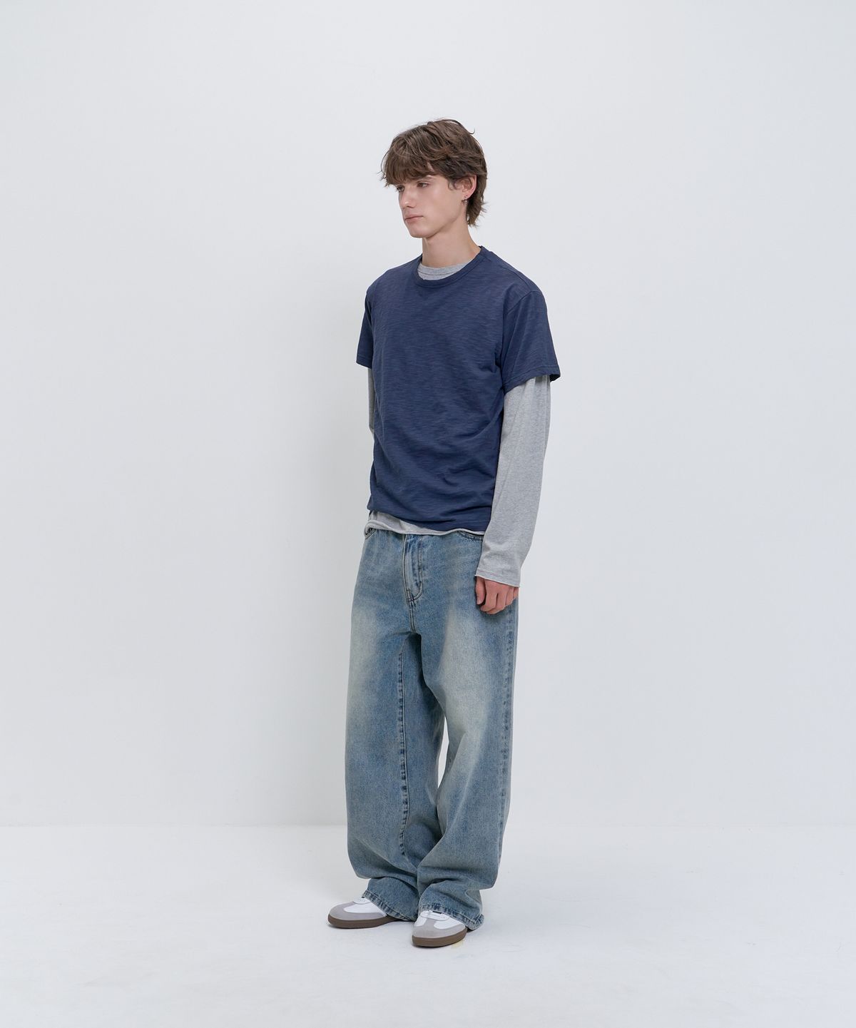 피에스쇼퍼(PSSHOPPER) [2 Pack] 슬럽 반팔, 컷팅 롱슬리브  레이어드 세트 [네이비, 그레이]