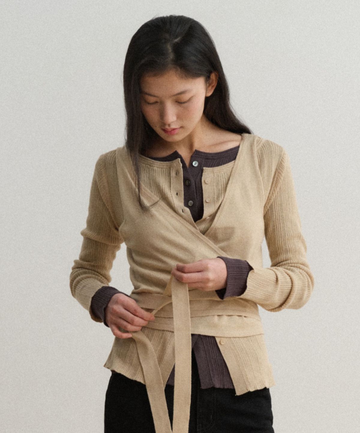 토와브(TOWAV) OSS WRAP CARDIGAN SET_BEIGE
