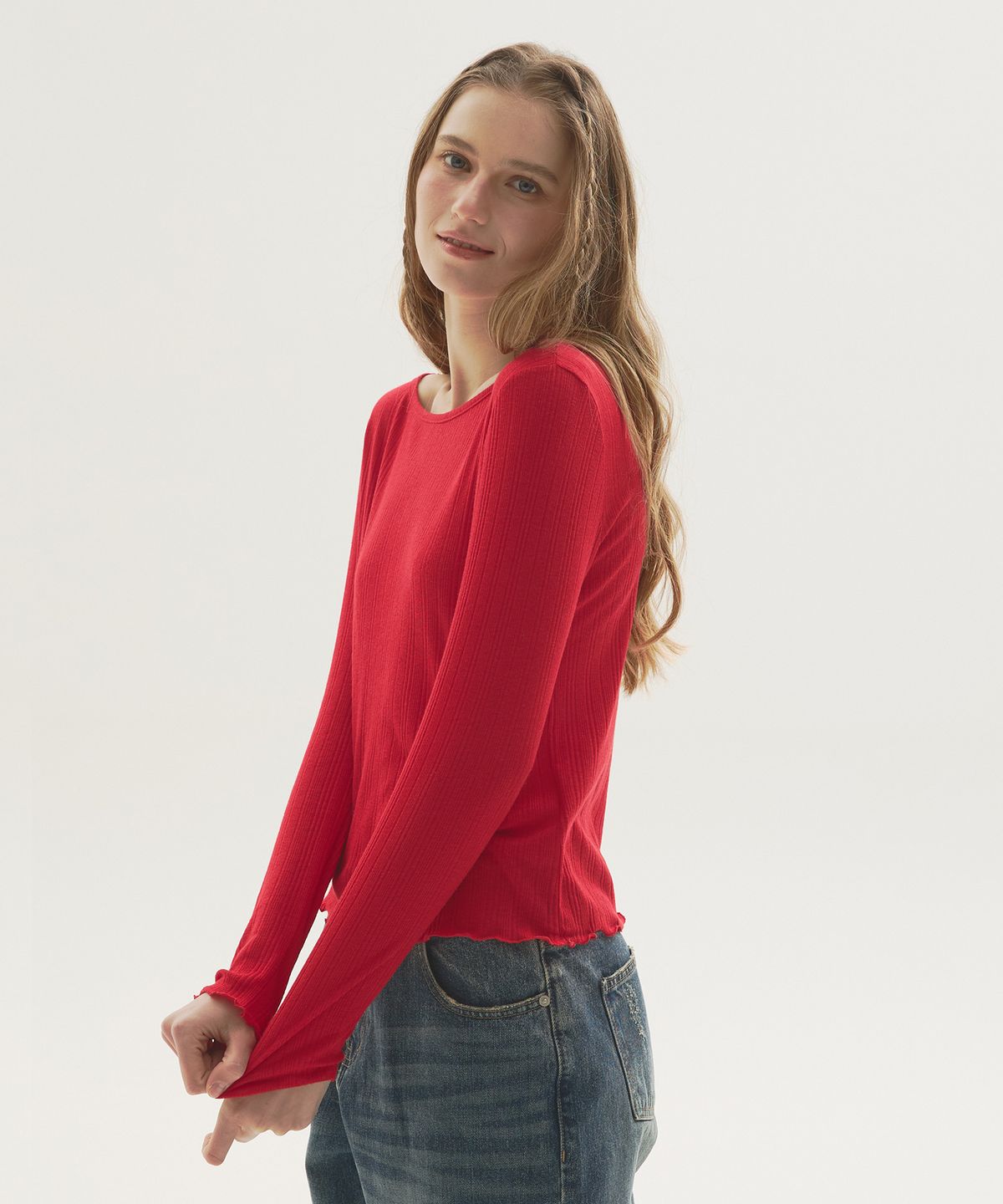 뉴루키(NEW LOOKY) Slim fit boat neck t-shirt  _Red
