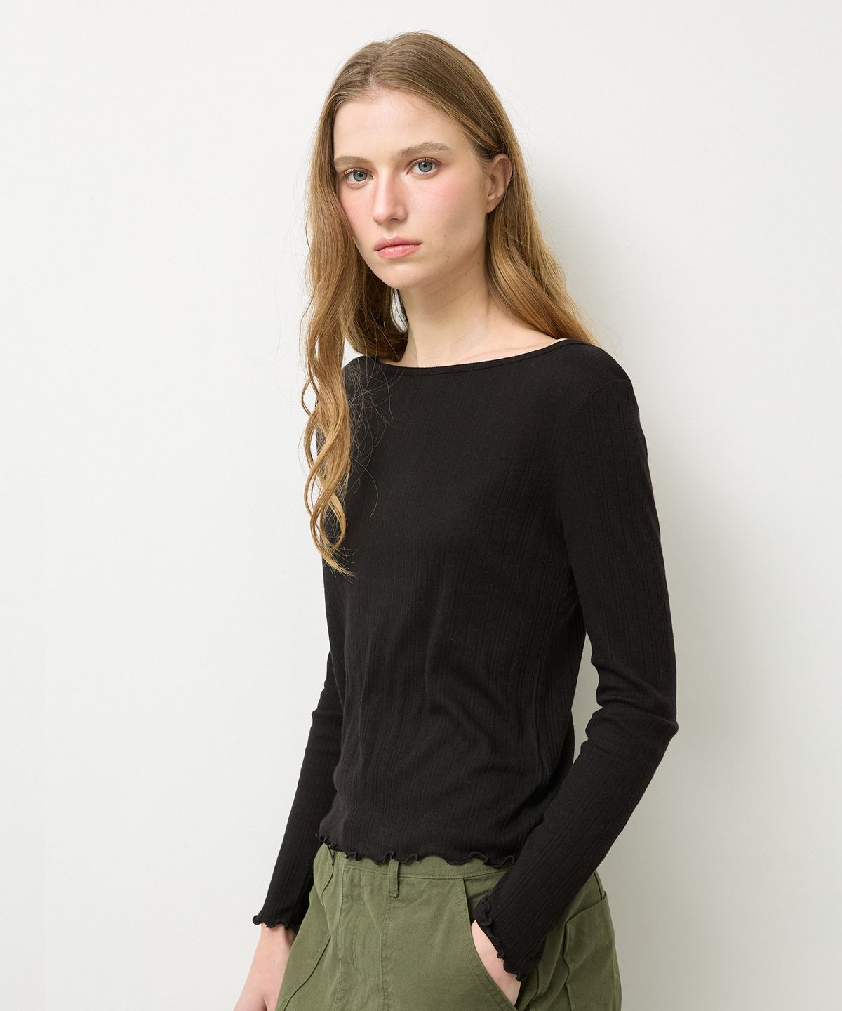 뉴루키(NEW LOOKY) Slim fit boat neck t-shirt  _Black