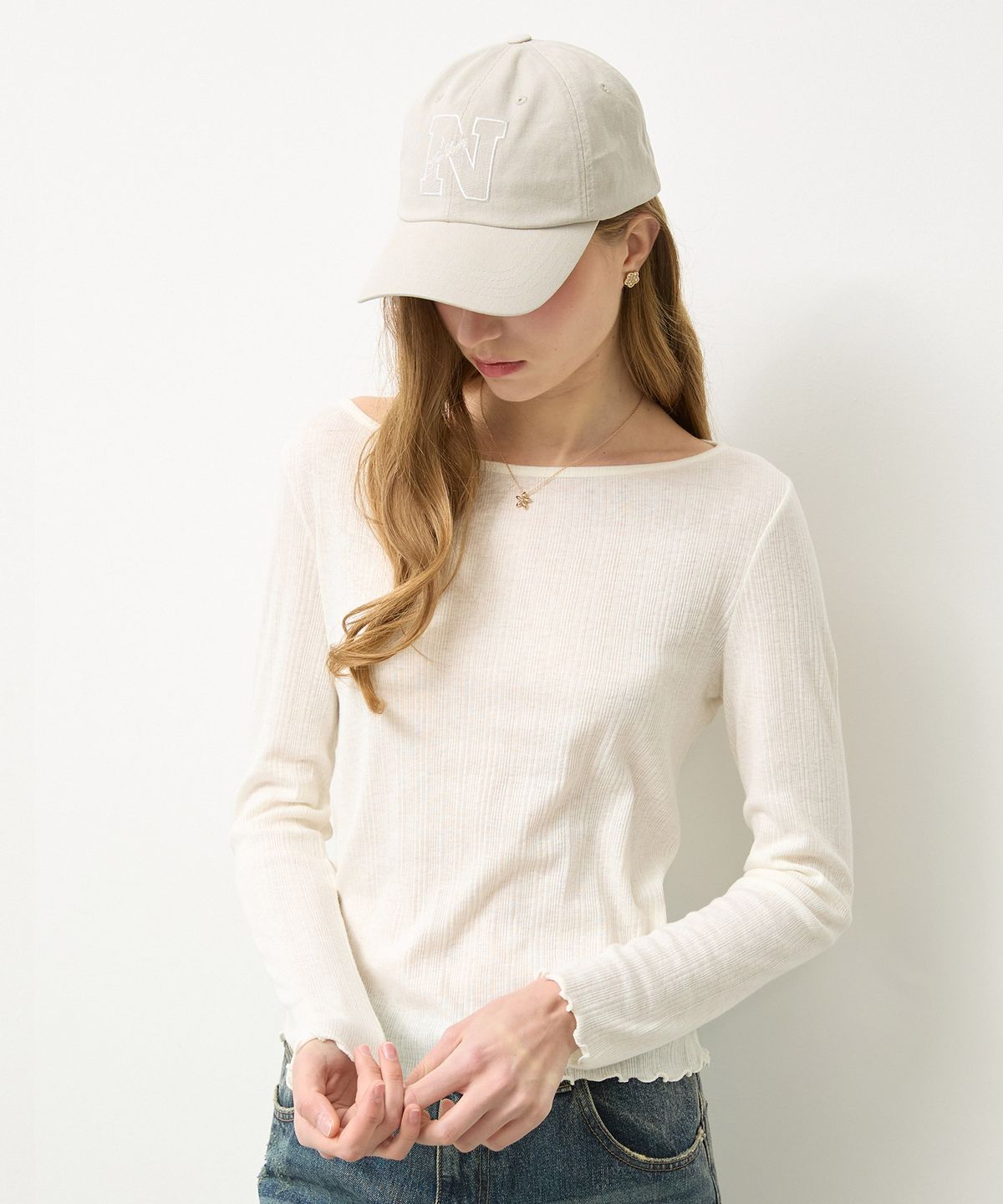 뉴루키(NEW LOOKY) Slim fit boat neck t-shirt  _Ivory