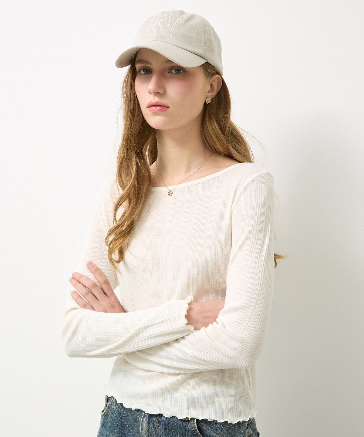 뉴루키(NEW LOOKY) Slim fit boat neck t-shirt  _Ivory