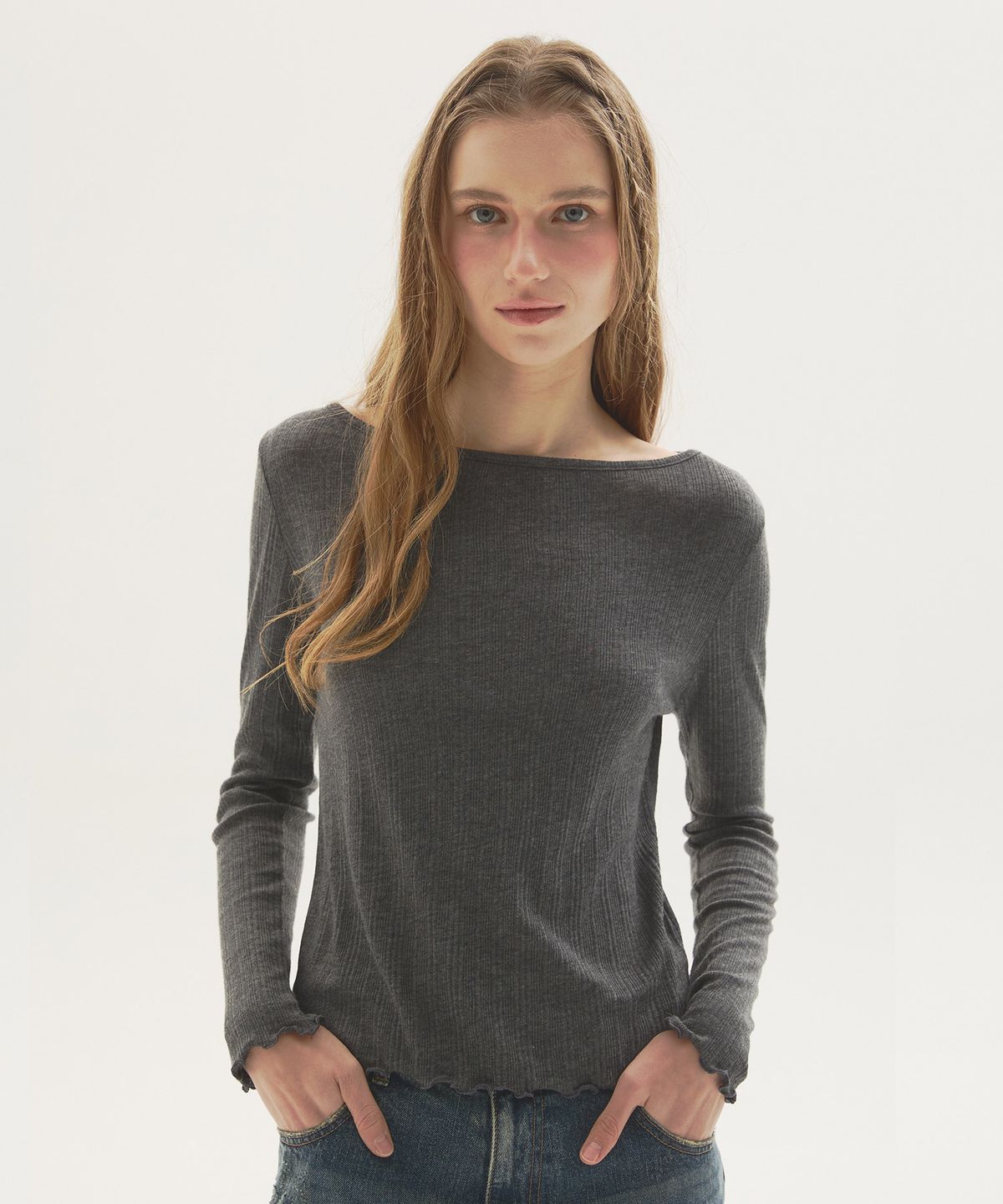 뉴루키(NEW LOOKY) Slim fit boat neck t-shirt  _Charcoal grey