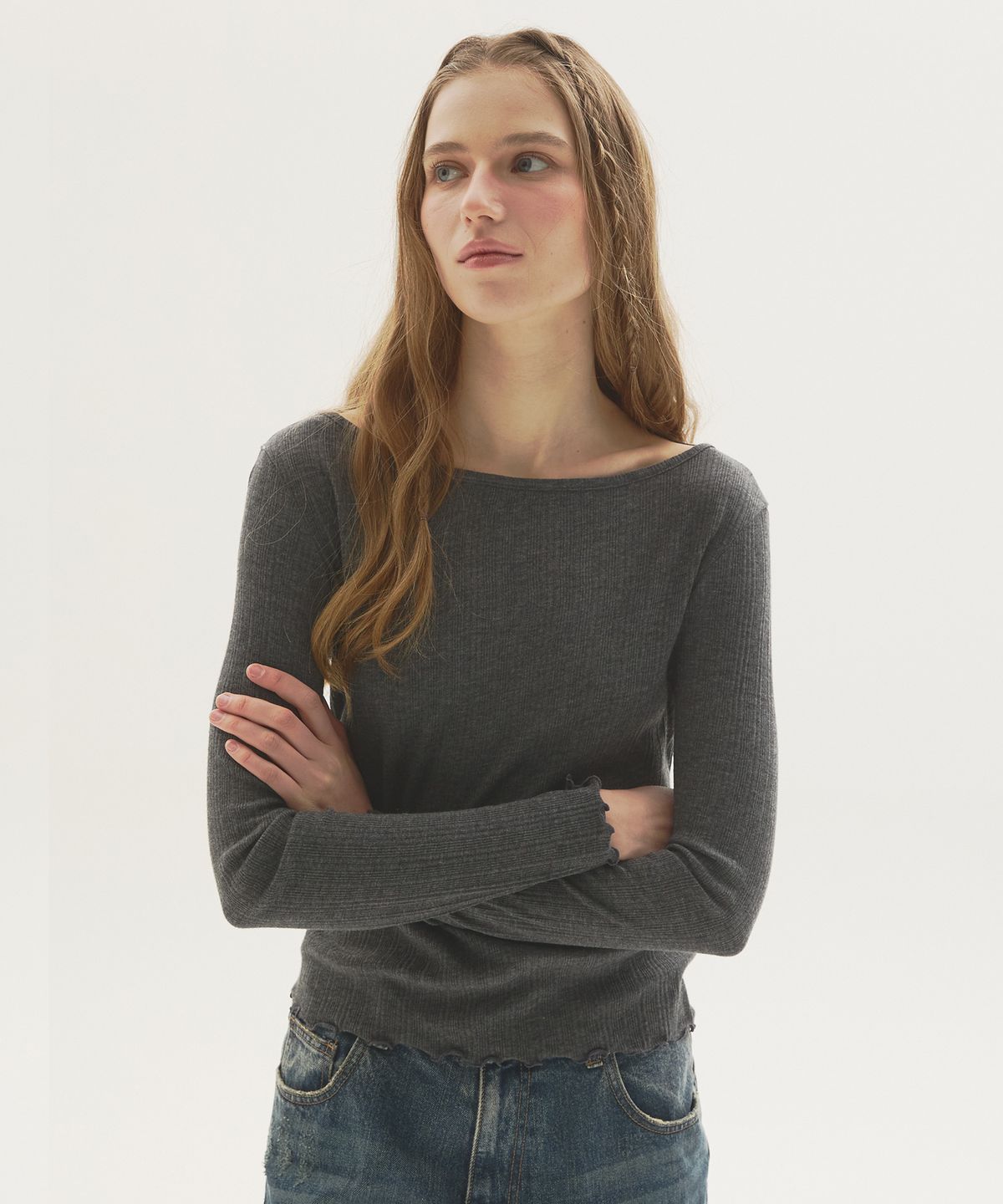 뉴루키(NEW LOOKY) Slim fit boat neck t-shirt  _Charcoal grey