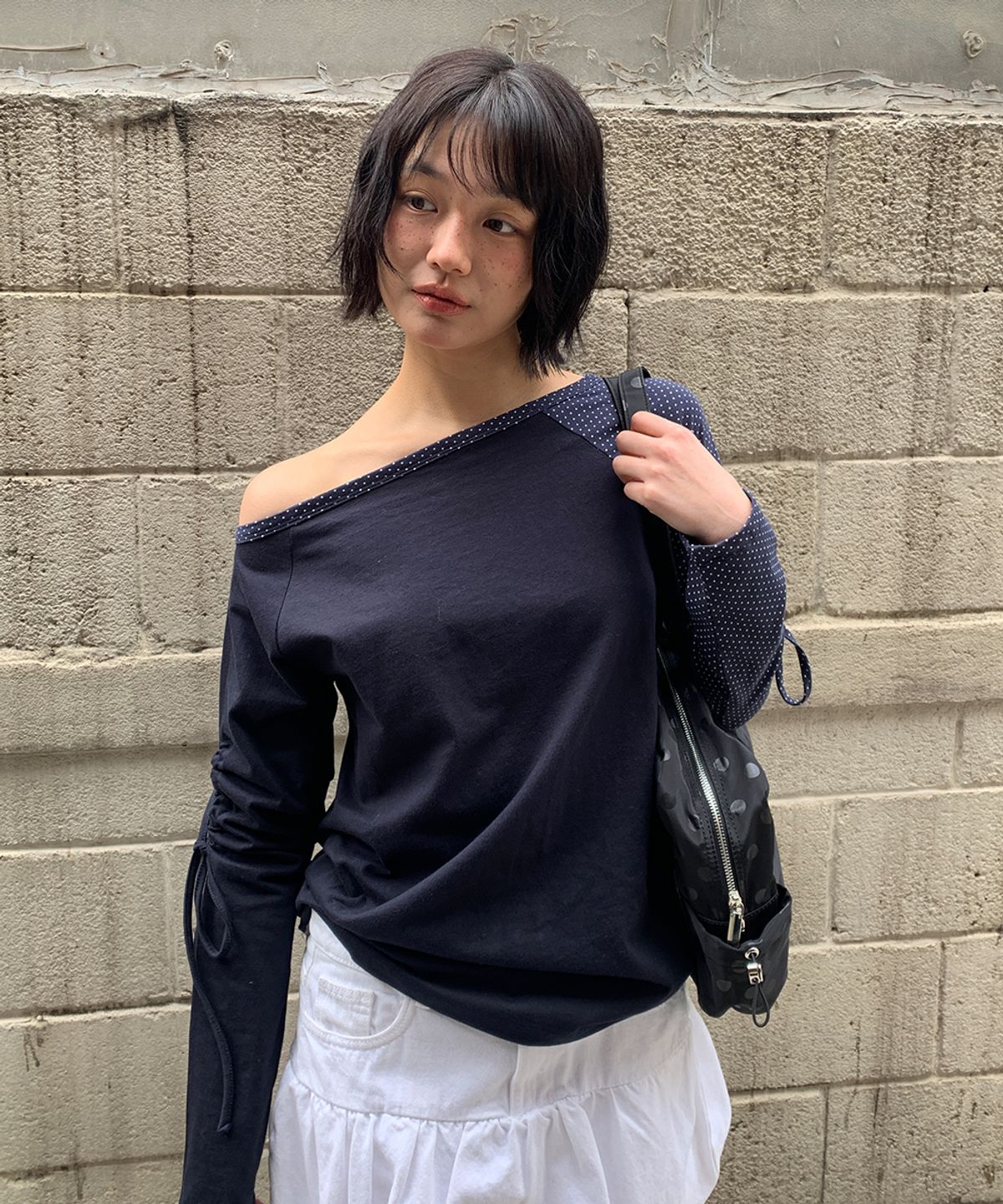 론론(RONRON) DOT BOAT NECK RIBBON STRING LONG SLEEVE NAVY