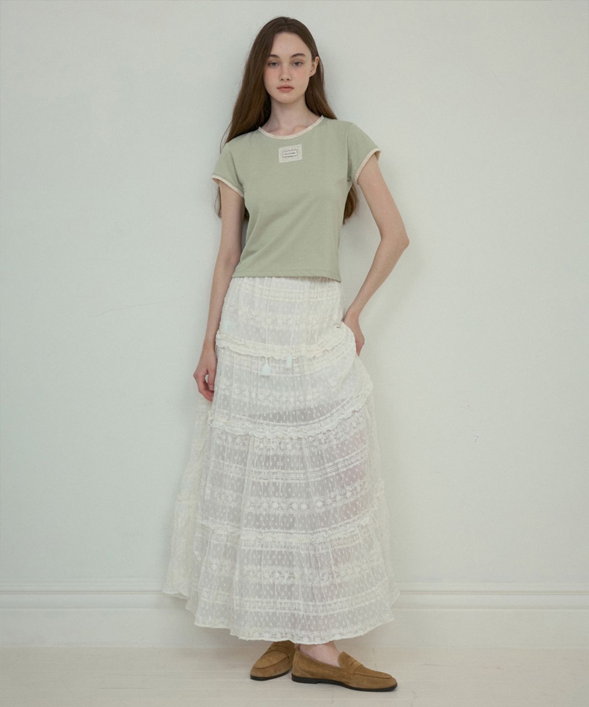 아우어노스텔지아(OURNOSTALGIA) Rough tassel lace t-shirt_Pistachio(O25-TP07)
