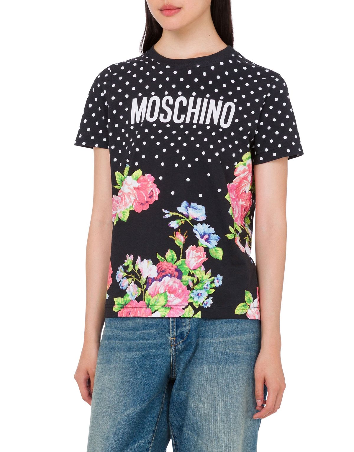모스키노(MOSCHINO) 도트 플라워 코튼 저지 티셔츠