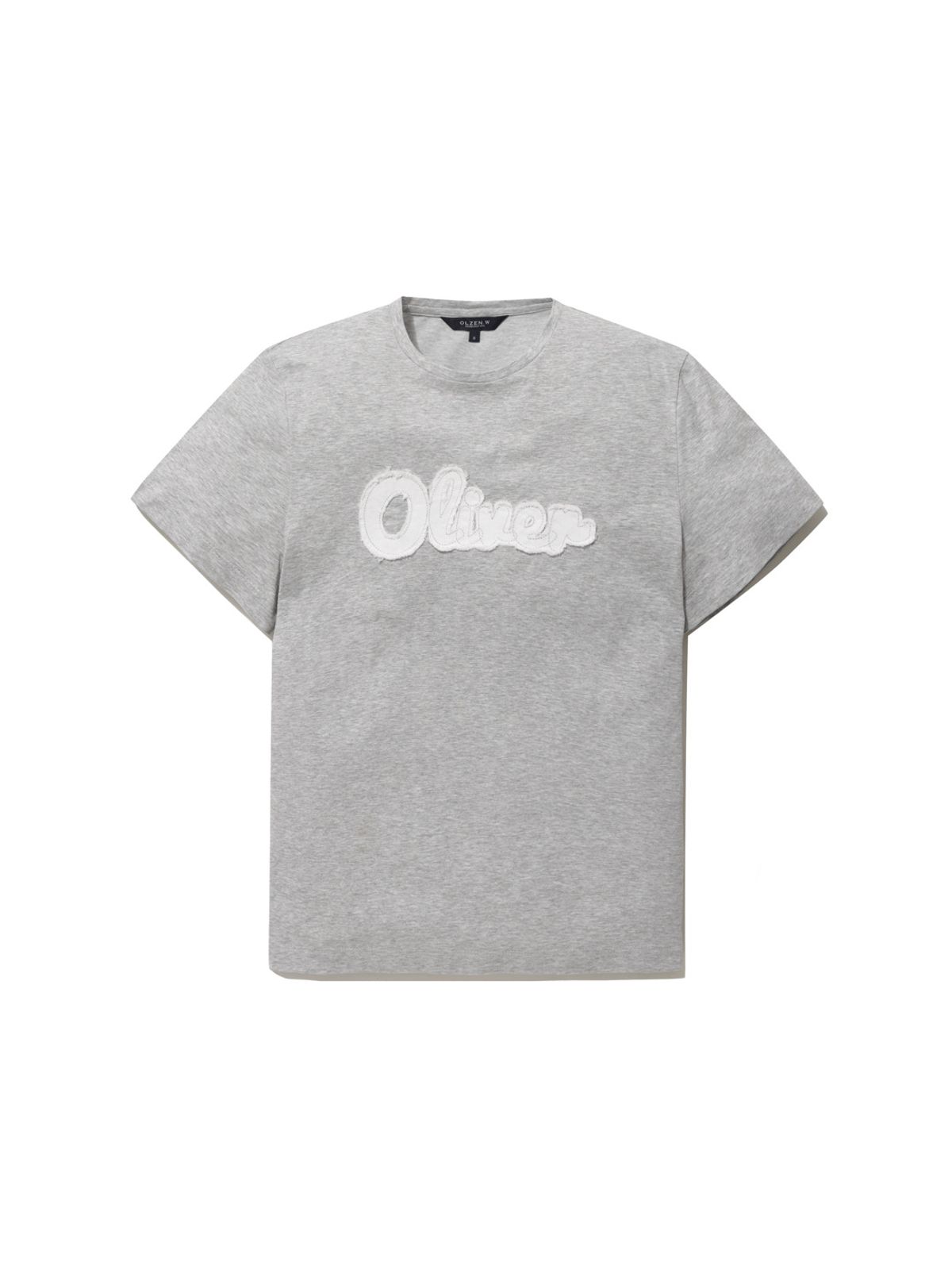 올젠(OLZEN) 여성 데님 패치아트워크 라운드 반팔티_ZLG2TR2303MGR