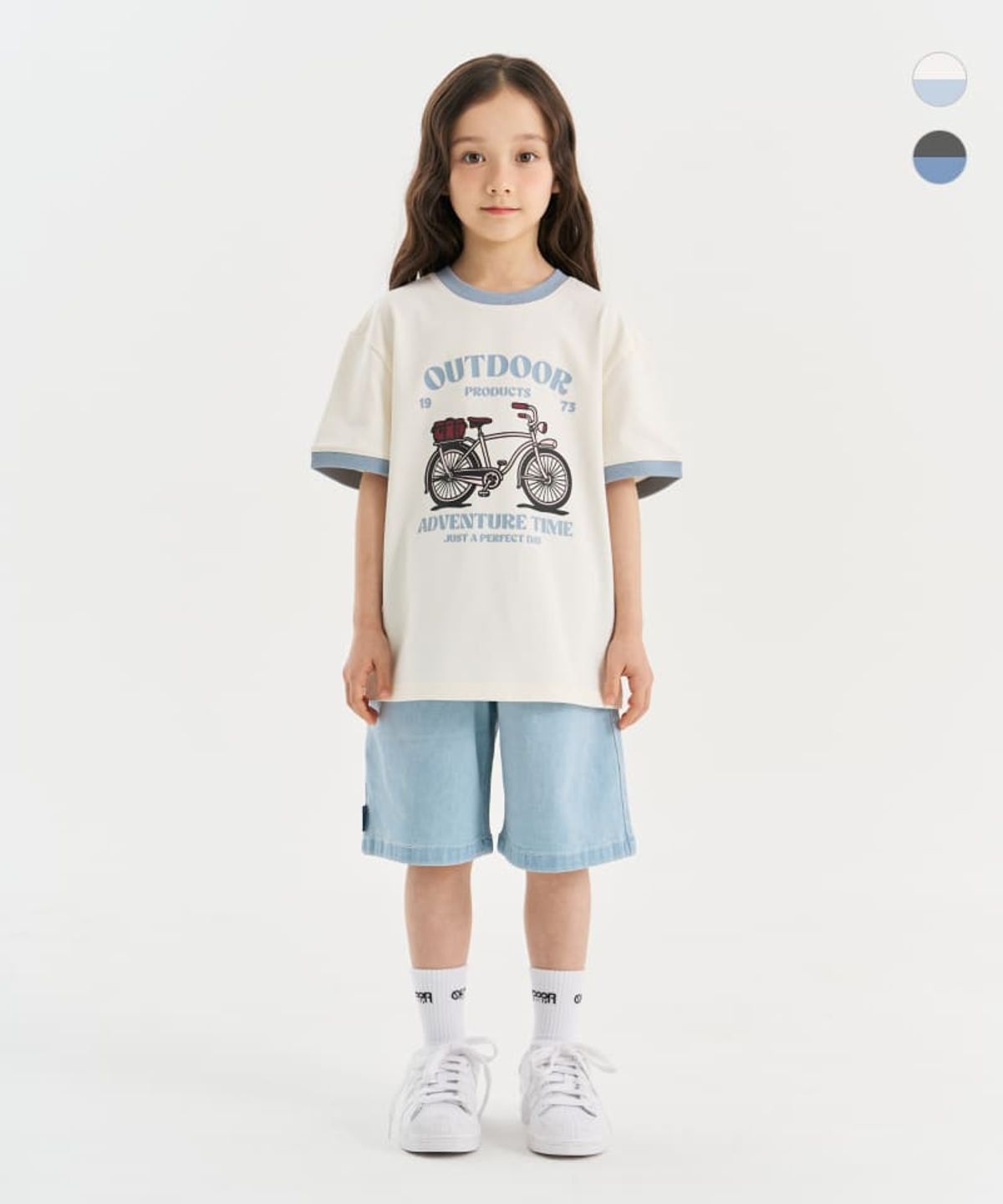 아웃도어 프로덕츠 키즈(OUTDOOR PRODUCTS KIDS) [세트상품]링거 그래픽 반팔티+베이직 데님 쇼츠 (2color)