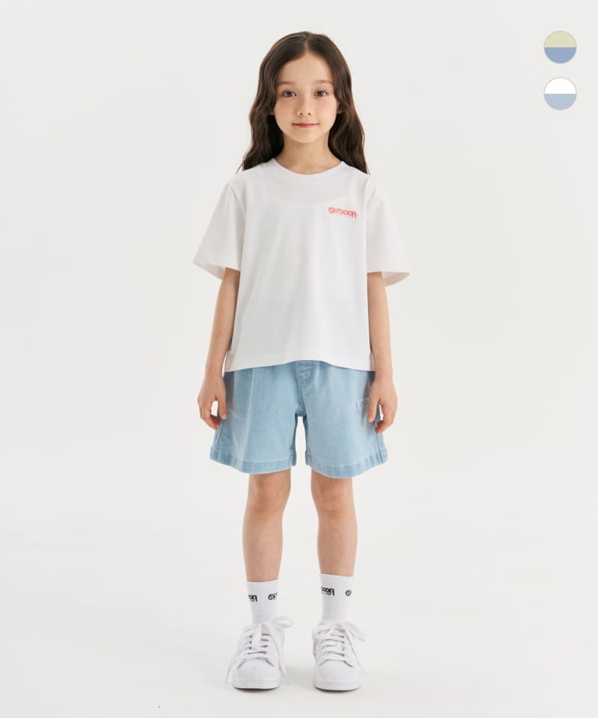 아웃도어 프로덕츠 키즈(OUTDOOR PRODUCTS KIDS) [세트상품]여아_백그래픽 반팔티+데님 쇼츠 (2color)