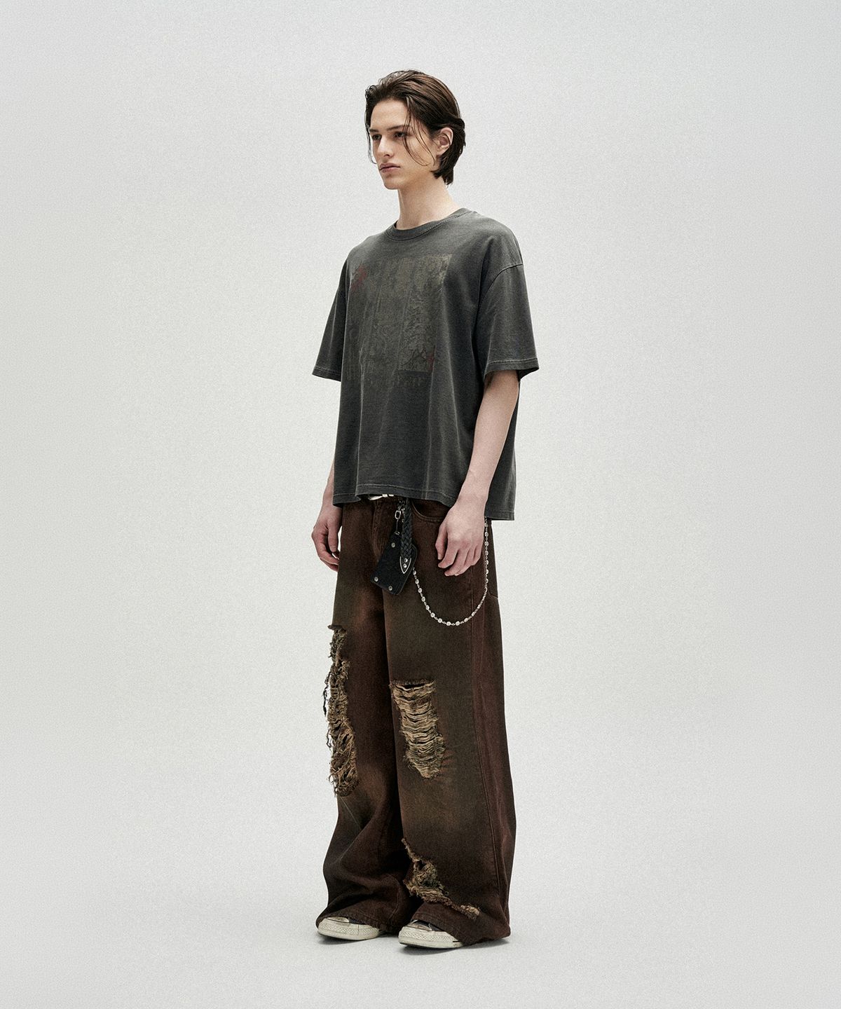 낫포너드(NOT4NERD) Omens Pigment Loose Cropped T-Shirts - Charcoal