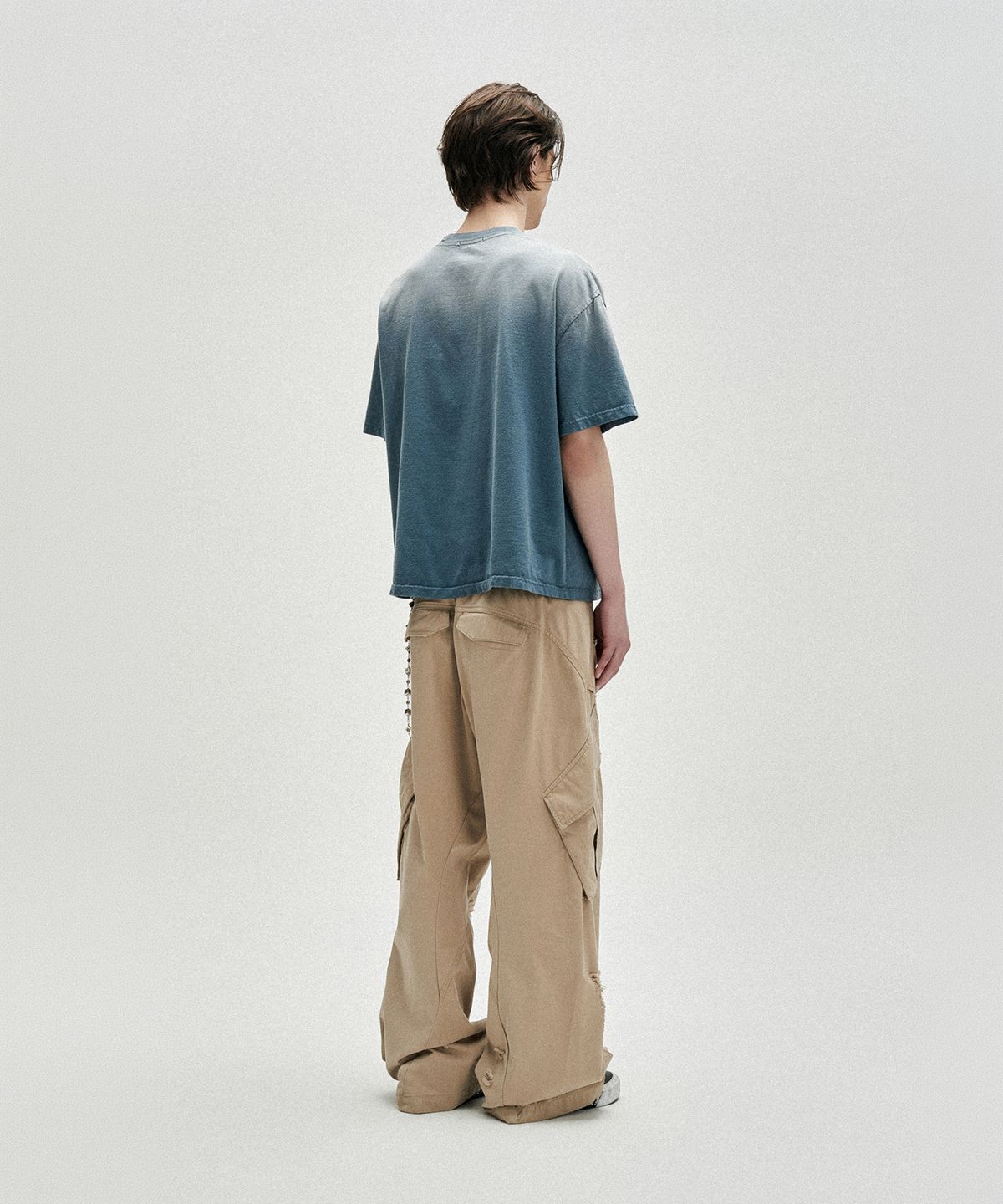 낫포너드(NOT4NERD) Divided Portrait Bleach Washed Loose Cropped T-Shirts - Navy