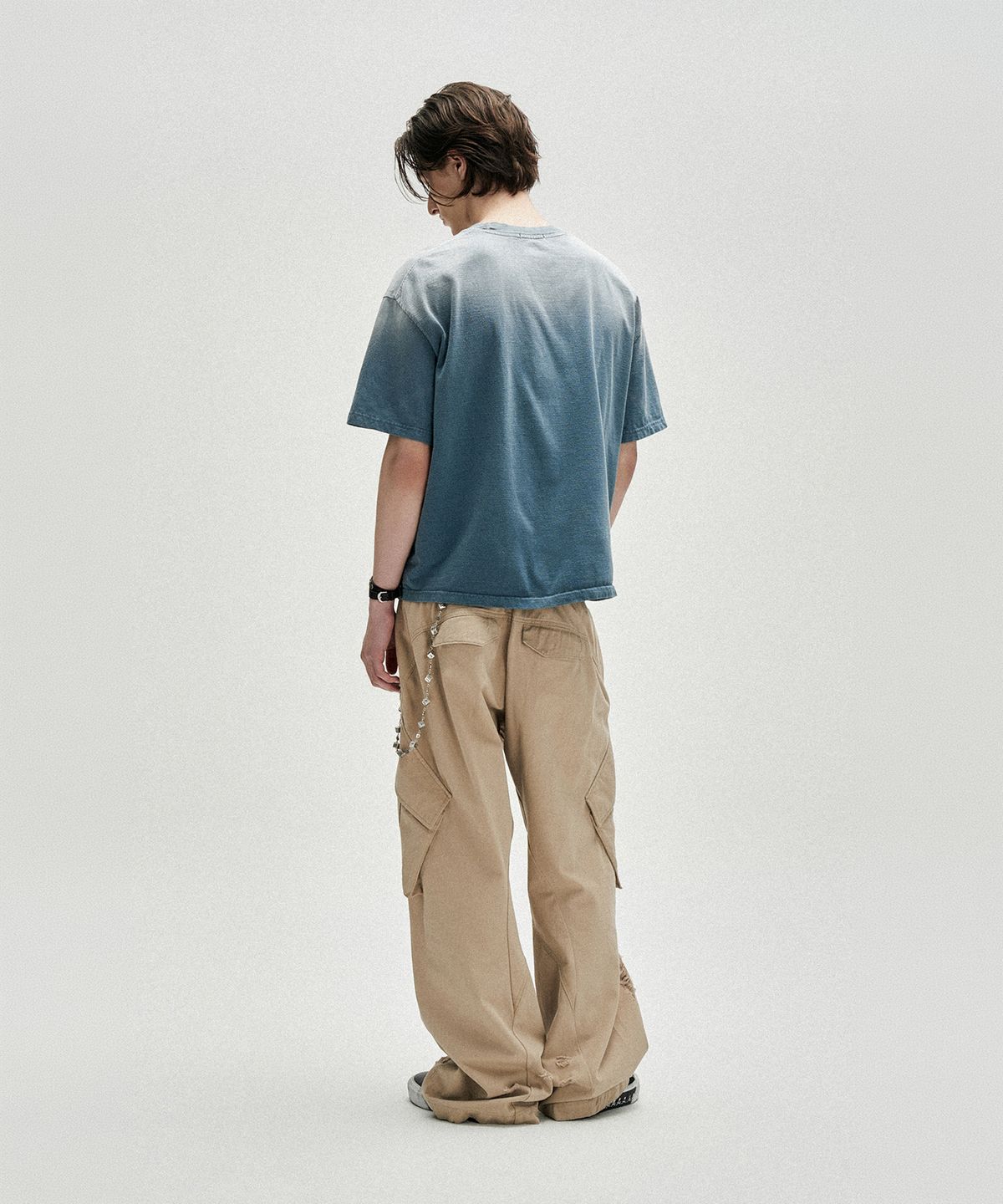 낫포너드(NOT4NERD) Divided Portrait Bleach Washed Loose Cropped T-Shirts - Navy