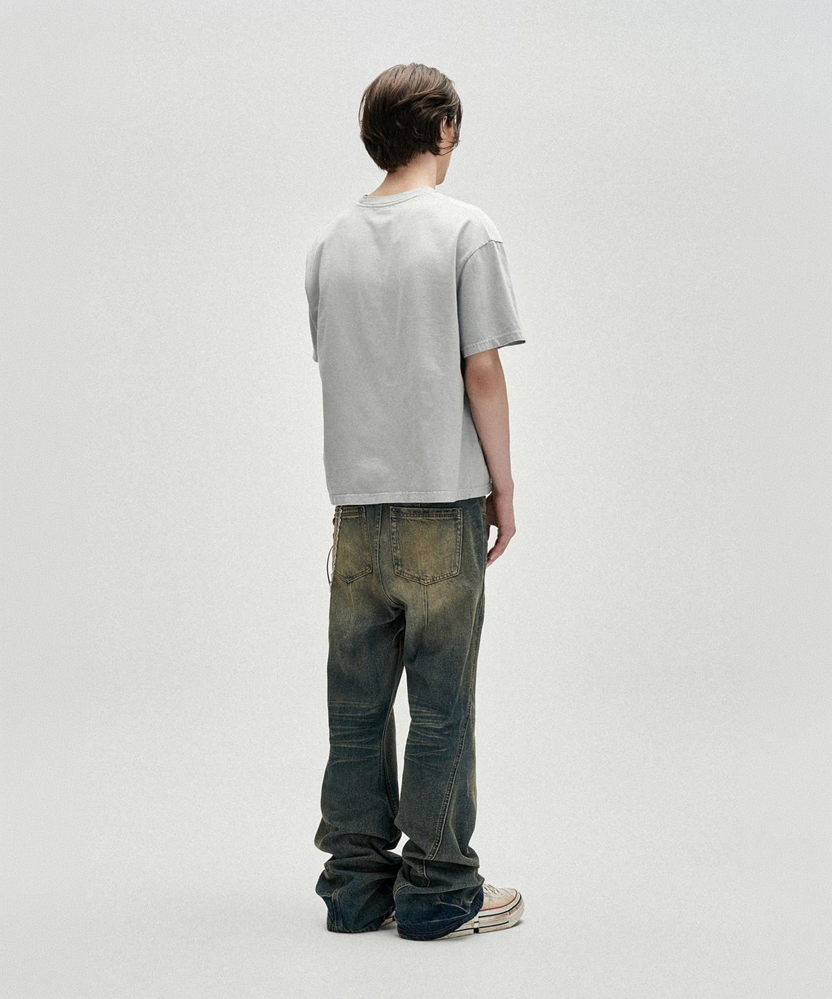 낫포너드(NOT4NERD) Divided Portrait Bleach Washed Loose Cropped T-Shirts - Light Grey