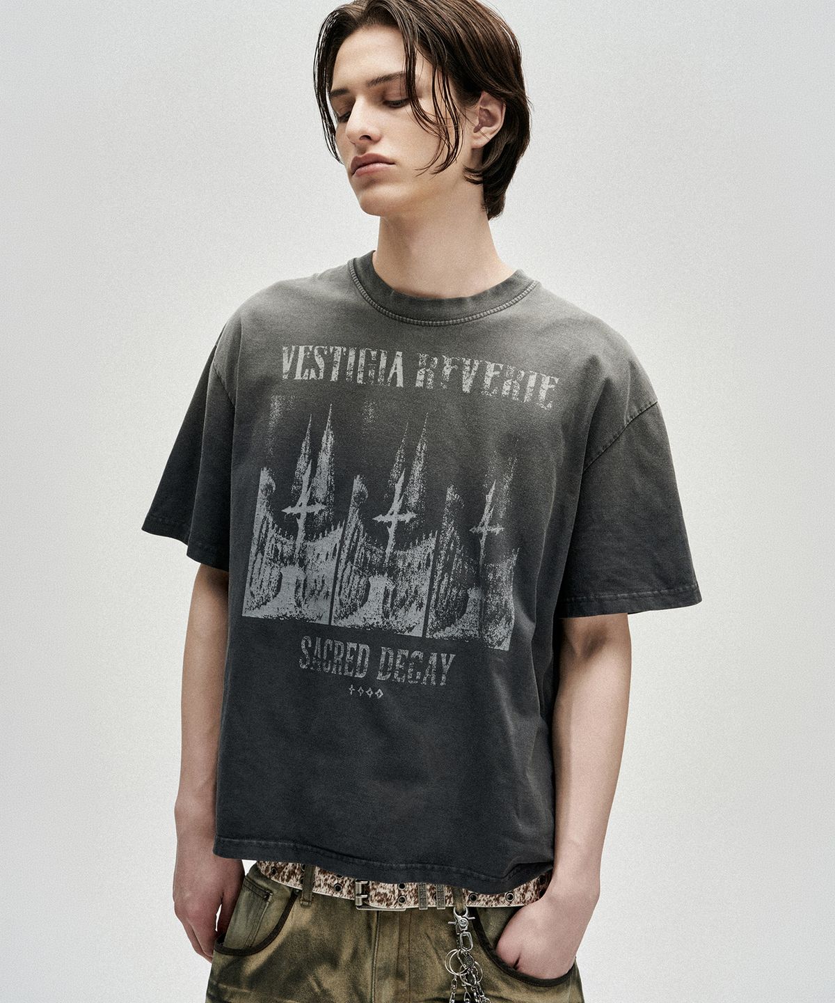 낫포너드(NOT4NERD) Triple Sanctuary Bleach Washed Loose Cropped T-Shirts - Charcoal