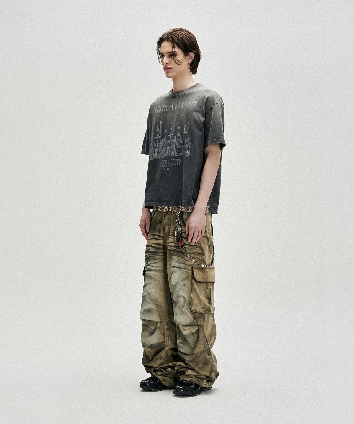 낫포너드(NOT4NERD) Triple Sanctuary Bleach Washed Loose Cropped T-Shirts - Charcoal