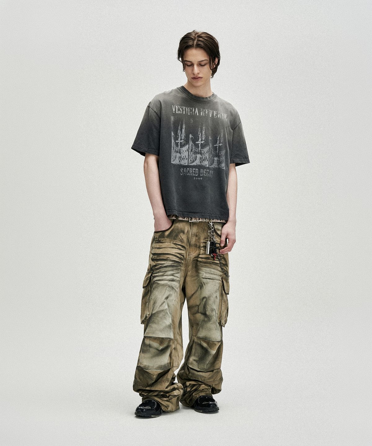 낫포너드(NOT4NERD) Triple Sanctuary Bleach Washed Loose Cropped T-Shirts - Charcoal