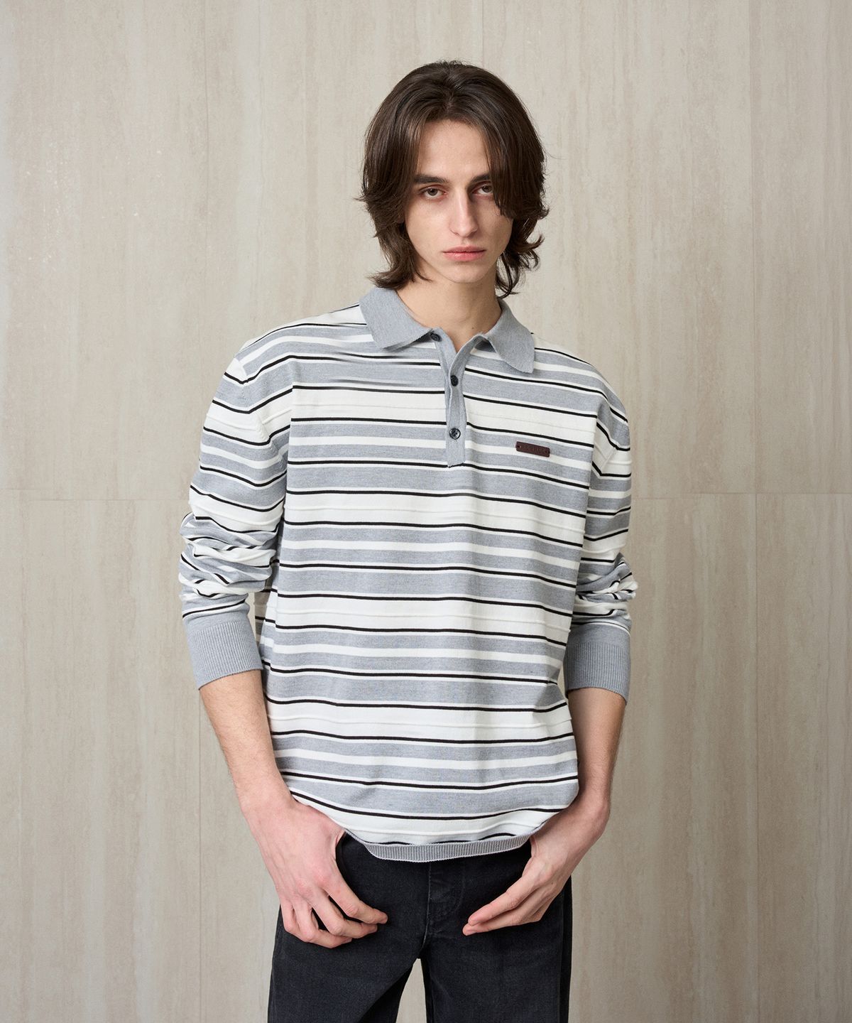 리이 맨(RERHEE MEN) STRIPPED KNIT POLO GRAY