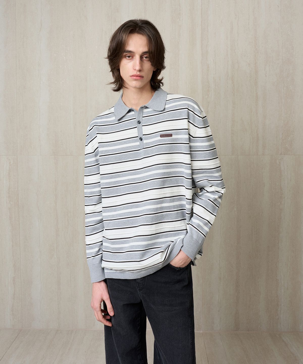 리이 맨(RERHEE MEN) STRIPPED KNIT POLO GRAY