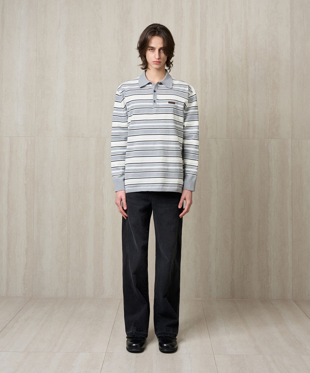 리이 맨(RERHEE MEN) STRIPPED KNIT POLO GRAY