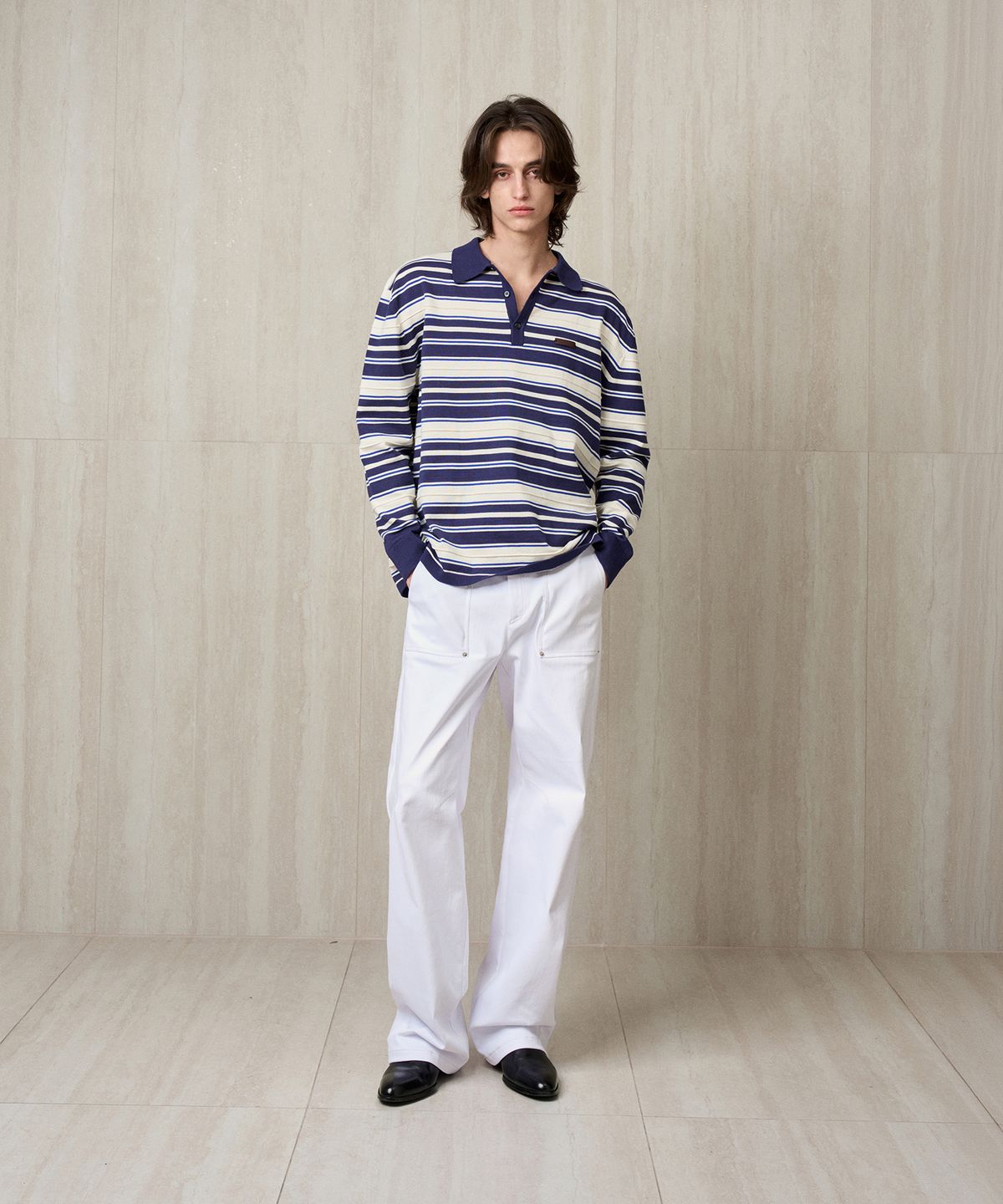 리이 맨(RERHEE MEN) STRIPPED KNIT POLO MIDNIGHT NAVY