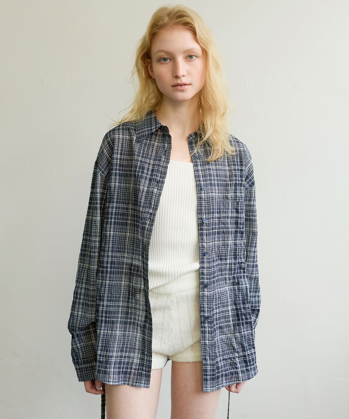 아옵트(AOPT) TWO-WAY TIE WAIST SHIRT - NAVY CHECK