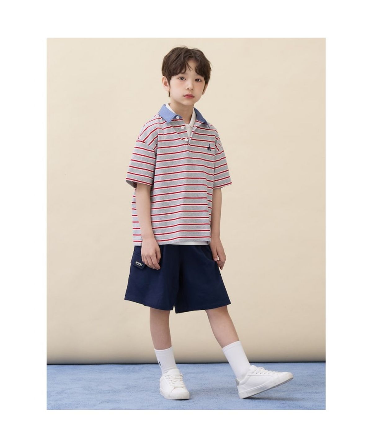 빈폴 키즈(BEANPOLE KIDS) 데님 포인트 칼라 스트라이프 럭비 반소매 티셔츠 - 그레이 (BI6342U023)
