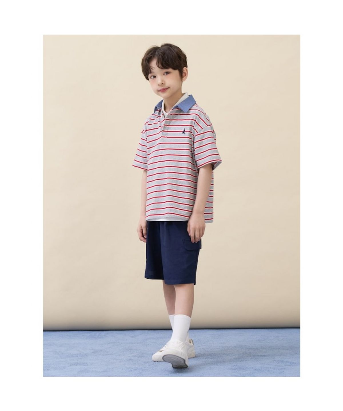 빈폴 키즈(BEANPOLE KIDS) 데님 포인트 칼라 스트라이프 럭비 반소매 티셔츠 - 그레이 (BI6342U023)