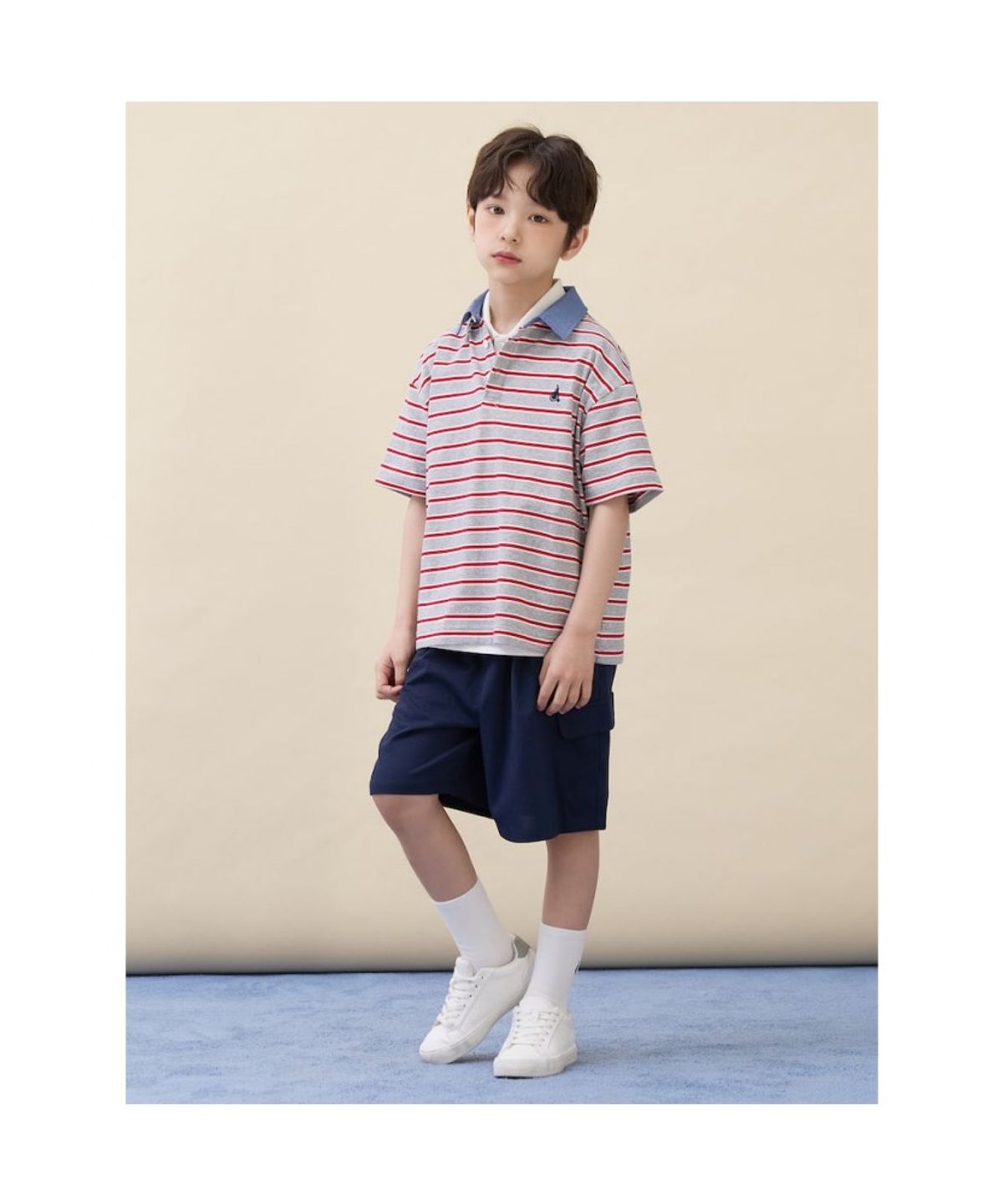 빈폴 키즈(BEANPOLE KIDS) 데님 포인트 칼라 스트라이프 럭비 반소매 티셔츠 - 그레이 (BI6342U023)
