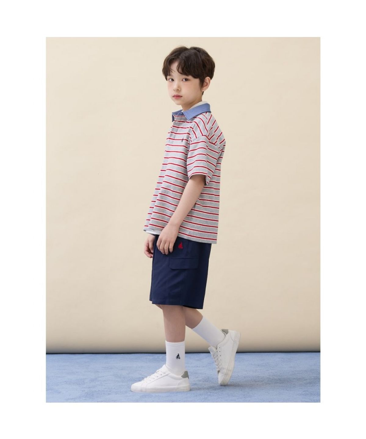 빈폴 키즈(BEANPOLE KIDS) 데님 포인트 칼라 스트라이프 럭비 반소매 티셔츠 - 그레이 (BI6342U023)