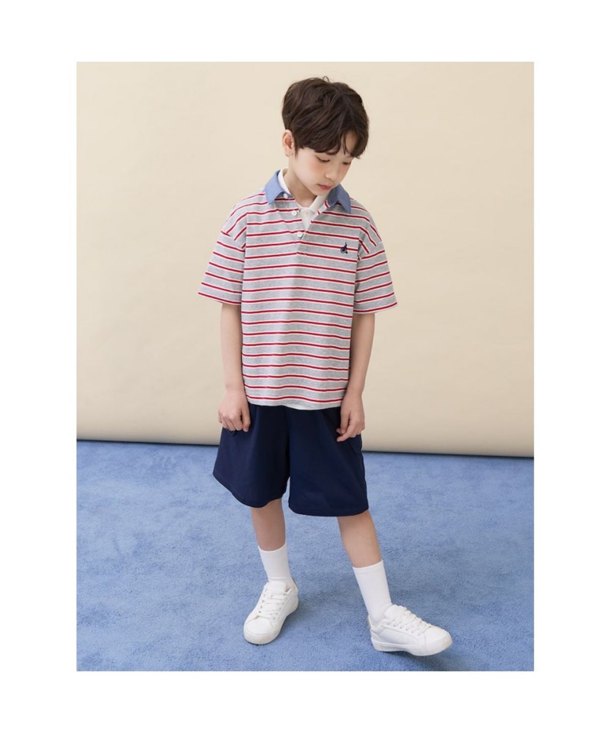 빈폴 키즈(BEANPOLE KIDS) 데님 포인트 칼라 스트라이프 럭비 반소매 티셔츠 - 그레이 (BI6342U023)
