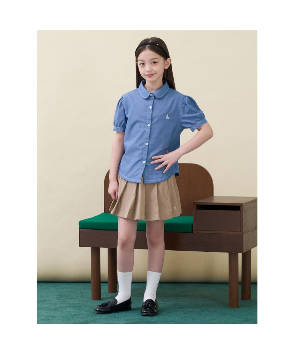 빈폴 키즈(BEANPOLE KIDS) [Essential] 여아 샴브레이 반소매 셔츠 - 스카이 블루 (BI6365GE2Q)