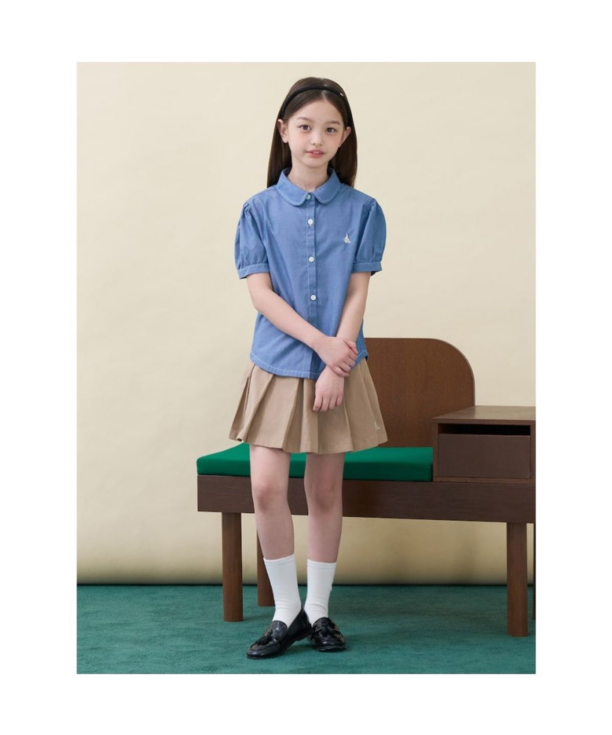 빈폴 키즈(BEANPOLE KIDS) [Essential] 여아 샴브레이 반소매 셔츠 - 스카이 블루 (BI6365GE2Q)