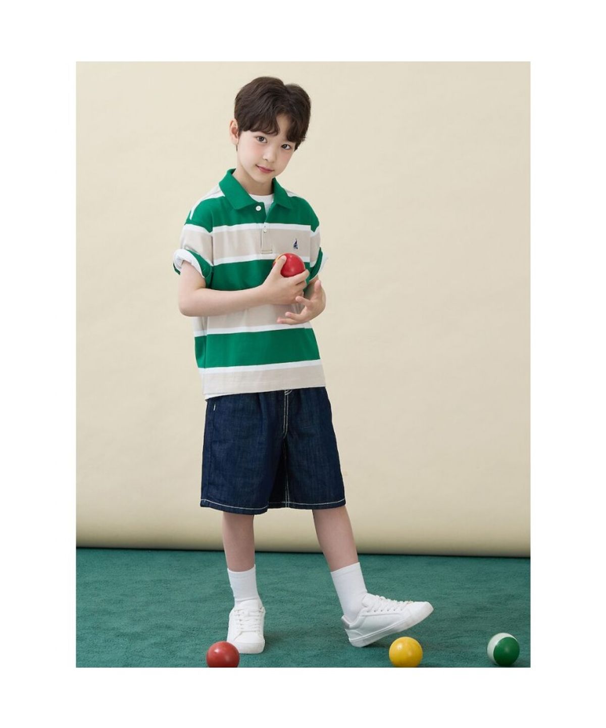 빈폴 키즈(BEANPOLE KIDS) 빅 멀티 스트라이프 칼라 티셔츠 - 그린 (BI6342U09M)