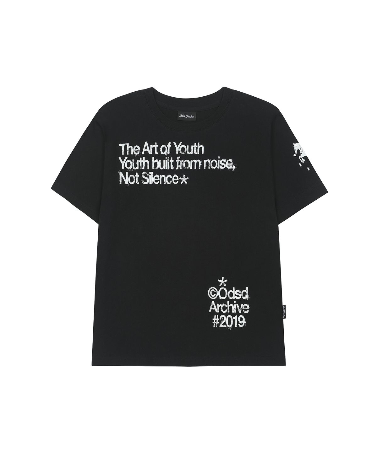 오드스튜디오(ODDSTUDIO) 빈티지 크랙 타이포 레귤러핏 티셔츠 - BLACK