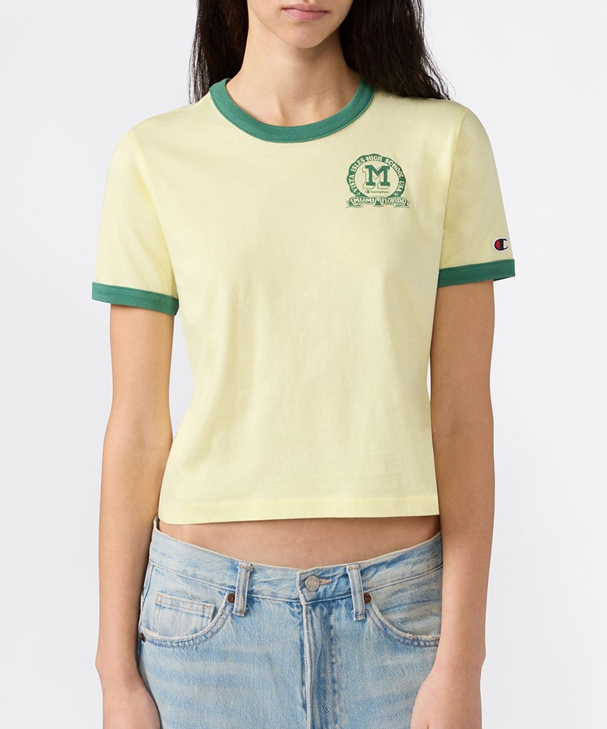 챔피온(CHAMPION) 여성 스포츠 팀 로고 크롭 링거 티셔츠 Yellow