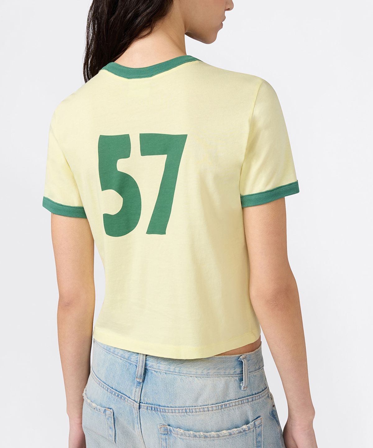 챔피온(CHAMPION) 여성 스포츠 팀 로고 크롭 링거 티셔츠 Yellow