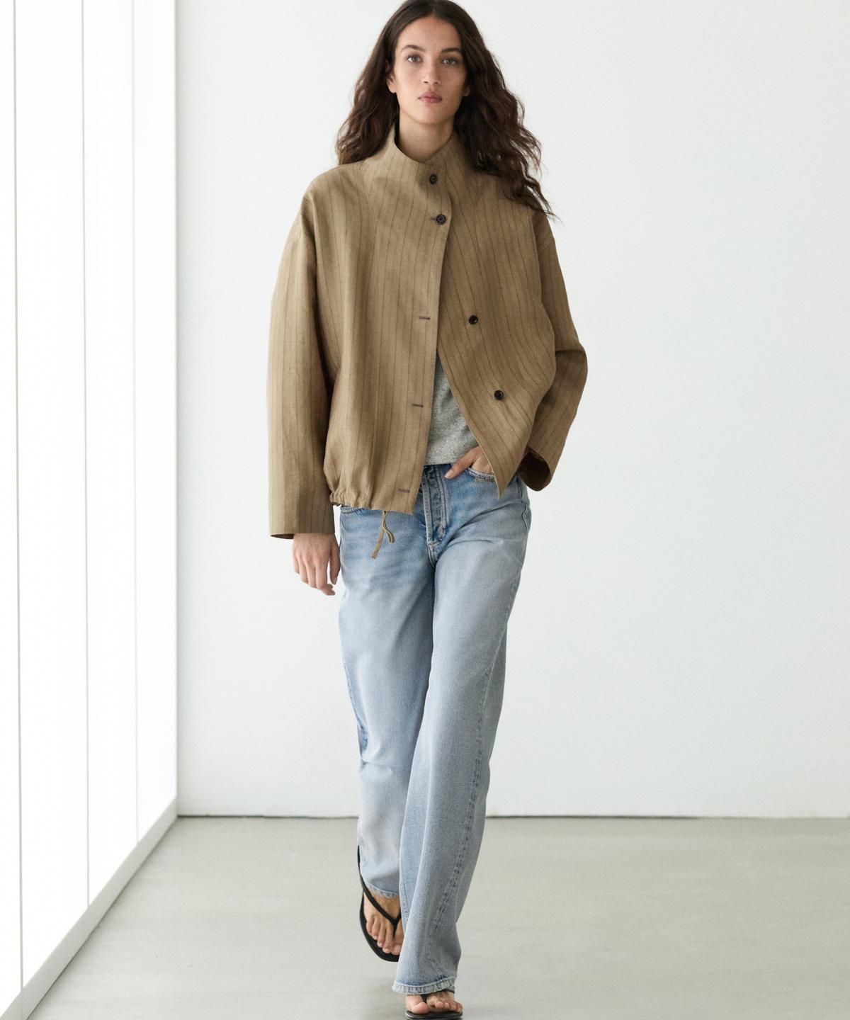 마시모두띠(MASSIMO DUTTI) 린넨 블렌드 스트라이프 봄버 재킷