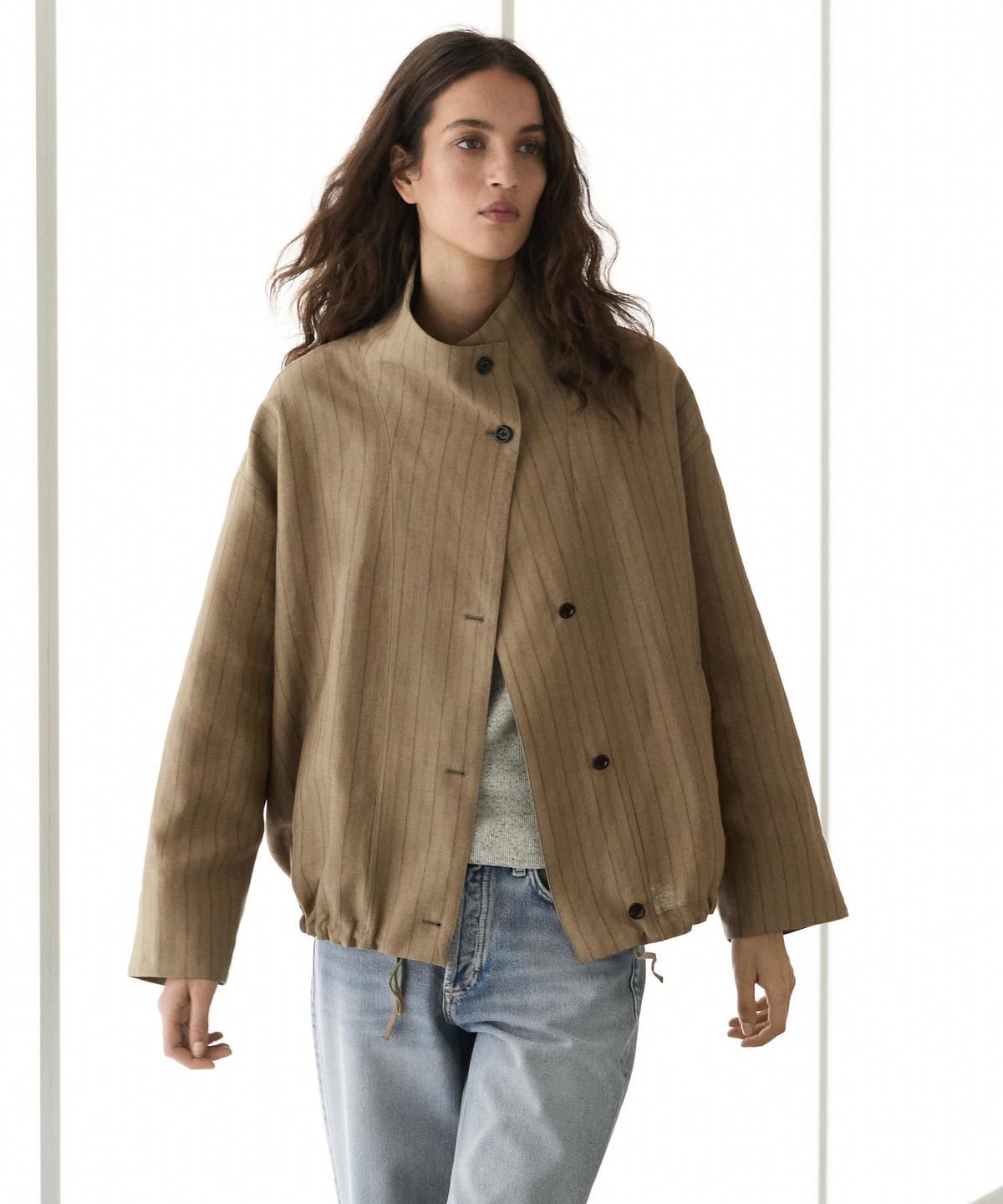 마시모두띠(MASSIMO DUTTI) 린넨 블렌드 스트라이프 봄버 재킷