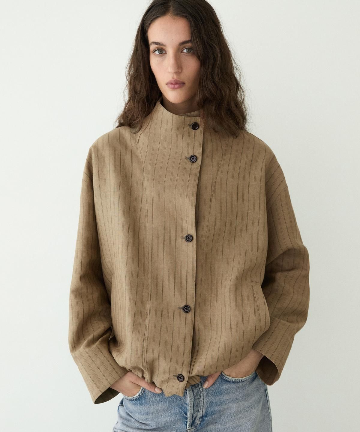 마시모두띠(MASSIMO DUTTI) 린넨 블렌드 스트라이프 봄버 재킷