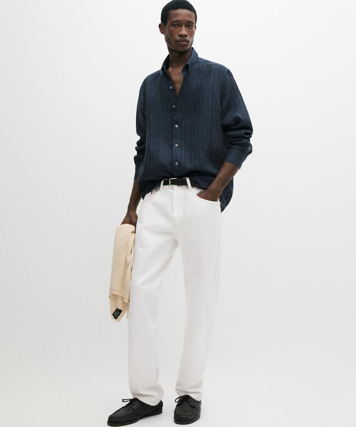마시모두띠(MASSIMO DUTTI) 100% 린넨 스트라이프 버튼넥 셔츠
