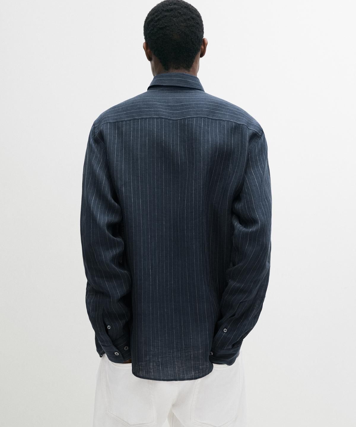 마시모두띠(MASSIMO DUTTI) 100% 린넨 스트라이프 버튼넥 셔츠