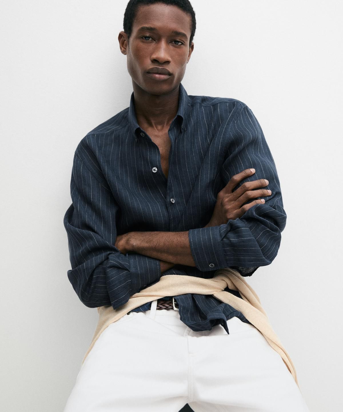 마시모두띠(MASSIMO DUTTI) 100% 린넨 스트라이프 버튼넥 셔츠