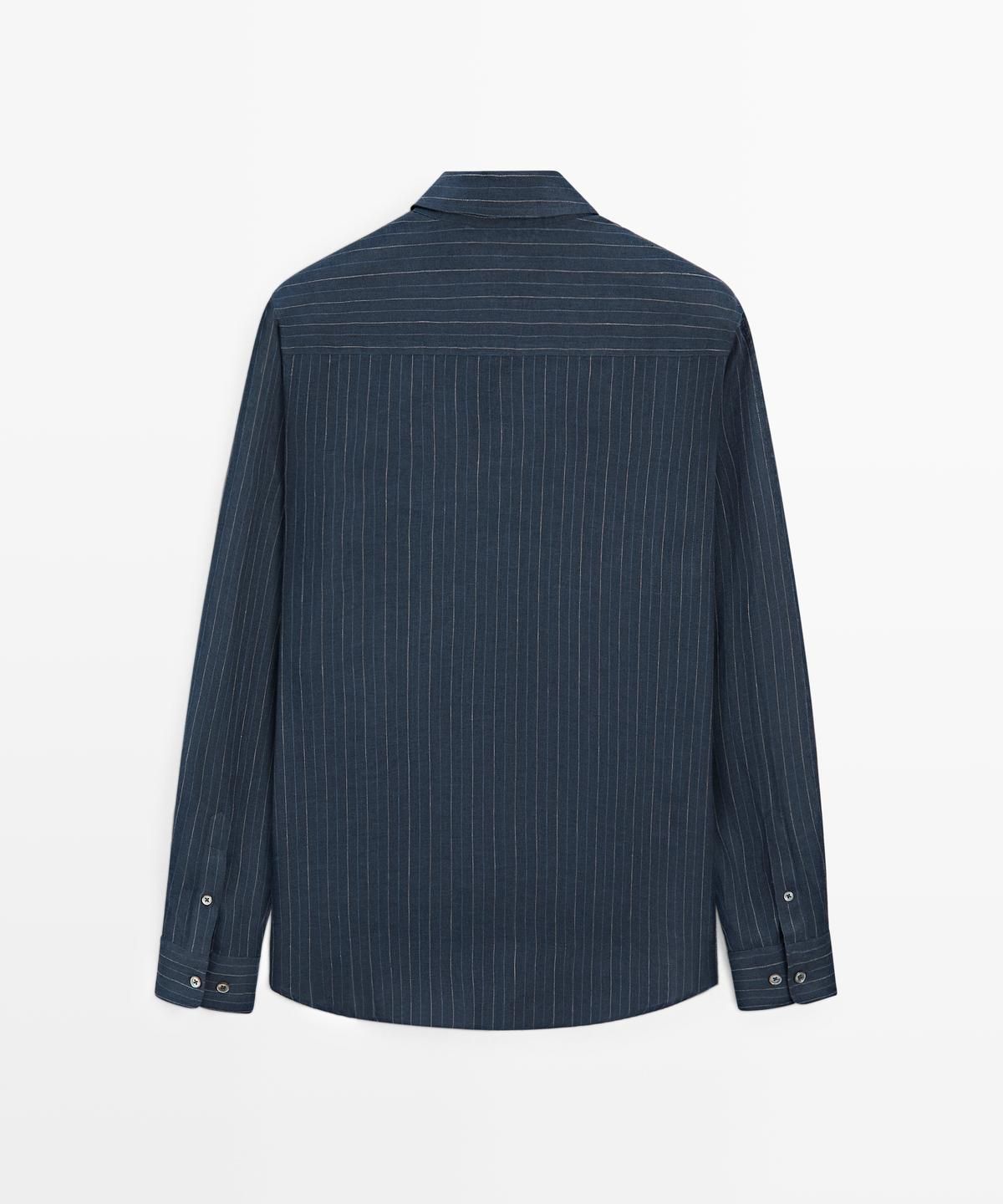 마시모두띠(MASSIMO DUTTI) 100% 린넨 스트라이프 버튼넥 셔츠
